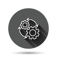 Workflow icon in flat style. Gear effective vector illustration on black round background with long shadow effect. Process organization circle button business concept.