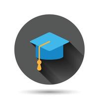 Graduation hat icon in flat style. Student cap vector illustration on black round background with long shadow effect. University circle button business concept.