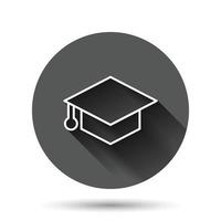 icono de sombrero de graduación en estilo plano. ilustración de vector de gorra de estudiante sobre fondo redondo negro con efecto de sombra larga. concepto de negocio de botón de círculo universitario.