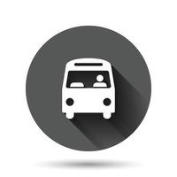 icono de autobús en estilo plano. Ilustración de vector de entrenador sobre fondo redondo negro con efecto de sombra larga. concepto de negocio de botón de círculo de vehículo autobus.