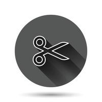 Scissor icon in flat style. Cut equipment vector illustration on black round background with long shadow effect. Cutter circle button business concept.