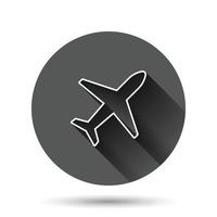 Plane icon in flat style. Airplane vector illustration on black round background with long shadow effect. Flight airliner circle button business concept.