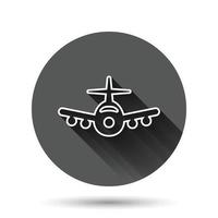 icono de avión en estilo plano. ilustración de vector de avión sobre fondo redondo negro con efecto de sombra larga. concepto de negocio de botón de círculo de avión de vuelo.