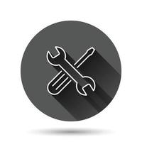 Wrench icon in flat style. Spanner key vector illustration on black round background with long shadow effect. Repair equipment circle button business concept.