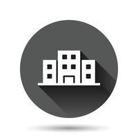 icono de signo de edificio de oficinas en estilo plano. Ilustración de vector de apartamento sobre fondo redondo negro con efecto de sombra larga. concepto de negocio de botón de círculo de arquitectura.