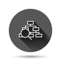 Hierarchy diagram icon in flat style. Structure search vector illustration on black round background with long shadow effect. Organization workflow circle button business concept.