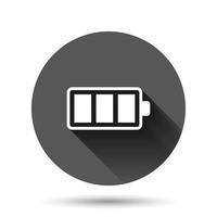 Battery charge icon in flat style. Power level vector illustration on black round background with long shadow effect. Lithium accumulator circle button business concept.