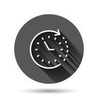 Clock icon in flat style. Watch vector illustration on black round background with long shadow effect. Timer circle button business concept.