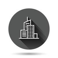Building icon in flat style. Town skyscraper apartment vector illustration on black round background with long shadow effect. City tower circle button business concept.