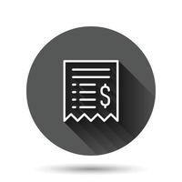 Money check icon in flat style. Checkbook vector illustration on black round background with long shadow effect. Finance voucher circle button business concept.