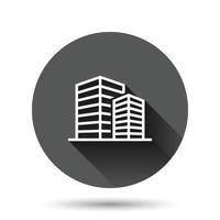 Building icon in flat style. Town skyscraper apartment vector illustration on black round background with long shadow effect. City tower circle button business concept.