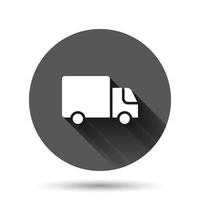 Delivery truck icon in flat style. Van vector illustration on black round background with long shadow effect. Cargo car circle button business concept.