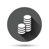 Coins stack icon in flat style. Dollar coin vector illustration on black round background with long shadow effect. Money stacked circle button business concept.