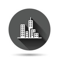 Building icon in flat style. Town skyscraper apartment vector illustration on black round background with long shadow effect. City tower circle button business concept.