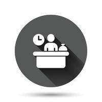 Check in reception icon in flat style. Booking service vector illustration on black round background with long shadow effect. Hotel reservation circle button business concept.