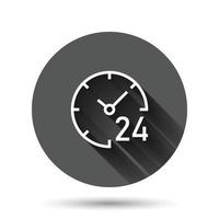 Clock 24 7 icon in flat style. Watch vector illustration on black round background with long shadow effect. Timer circle button business concept.