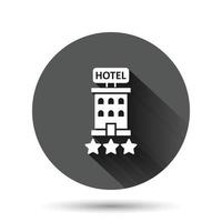 icono de signo de hotel 3 estrellas en estilo plano. posada edificio ilustración vectorial sobre fondo negro redondo con efecto de sombra larga. concepto de negocio de botón de círculo de habitación de albergue. vector