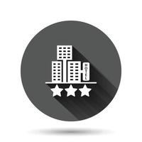 icono de signo de hotel 3 estrellas en estilo plano. posada edificio ilustración vectorial sobre fondo negro redondo con efecto de sombra larga. concepto de negocio de botón de círculo de habitación de albergue. vector