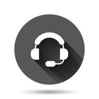 Helpdesk icon in flat style. Headphone vector illustration on black round background with long shadow effect. Chat operator circle button business concept.