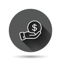 Remuneration icon in flat style. Money in hand vector illustration on black round background with long shadow effect. Coin payroll circle button business concept.