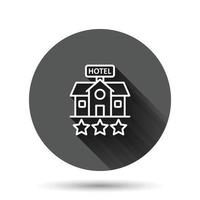 icono de signo de hotel 3 estrellas en estilo plano. posada edificio ilustración vectorial sobre fondo negro redondo con efecto de sombra larga. concepto de negocio de botón de círculo de habitación de albergue. vector