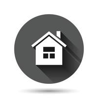 Building icon in flat style. Home vector illustration on black round background with long shadow effect. House circle button business concept.