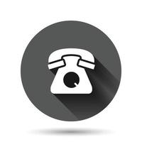 Mobile phone icon in flat style. Telephone talk vector illustration on black round background with long shadow effect. Hotline contact circle button business concept.