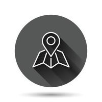 Map pin icon in flat style. gps navigation vector illustration on black round background with long shadow effect. Locate position circle button business concept.