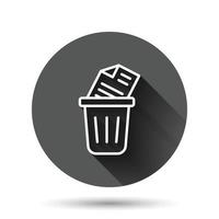 Trash bin with document icon in flat style. Paper recycle vector illustration on black round background with long shadow effect. Office garbage circle button business concept.