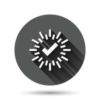 Check mark sign icon in flat style. Confirm button vector illustration on black round background with long shadow effect. Accepted circle button business concept.