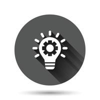 Innovation icon in flat style. Lightbulb with cogwheel vector illustration on black round background with long shadow effect. Idea circle button business concept.