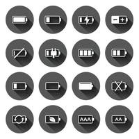 Battery charge icon set in flat style. Power level vector illustration on black round background with long shadow effect. Lithium accumulator circle button business concept.