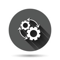 Workflow icon in flat style. Gear effective vector illustration on black round background with long shadow effect. Process organization circle button business concept.