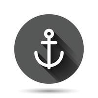 icono de ancla de barco en estilo plano. ilustración de vector de gancho de buque sobre fondo redondo negro con efecto de sombra larga. concepto de negocio de botón de círculo de equipo de barco.