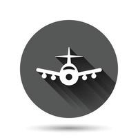 icono de avión en estilo plano. ilustración de vector de avión sobre fondo redondo negro con efecto de sombra larga. concepto de negocio de botón de círculo de avión de vuelo.