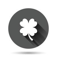 Four leaf clover icon in flat style. St Patricks Day vector illustration on black round background with long shadow effect. Flower shape circle button business concept.