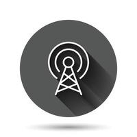 Antenna tower icon in flat style. Broadcasting vector illustration on black round background with long shadow effect. Wifi circle button business concept.