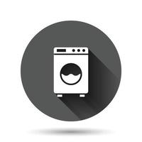icono de lavadora en estilo plano. ilustración de vector de lavadora sobre fondo redondo negro con efecto de sombra larga. concepto de negocio de botón de círculo de lavandería.
