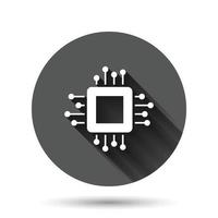 Computer cpu icon in flat style. Circuit board vector illustration on black round background with long shadow effect. Motherboard chip circle button business concept.