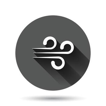 Wind icon in flat style. Air vector illustration on black round background with long shadow effect. Breeze circle button business concept.