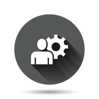 People with gear icon in flat style. Person cogwheel vector illustration on black round background with long shadow effect. Teamwork circle button business concept.
