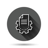 Document with gear icon in flat style. Big data processing vector illustration on black round background with long shadow effect. Paper sheet software solution circle button business concept.