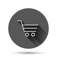 Shopping cart icon in flat style. Trolley vector illustration on black round background with long shadow effect. Basket circle button business concept.