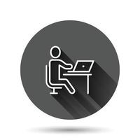 People with laptop computer icon in flat style. Pc user vector illustration on black round background with long shadow effect. Office manager circle button business concept.