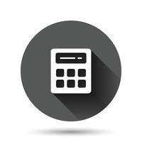 Calculator icon in flat style. Calculate vector illustration on black round background with long shadow effect. Calculation circle button business concept.