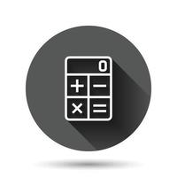 Calculator icon in flat style. Calculate vector illustration on black round background with long shadow effect. Calculation circle button business concept.