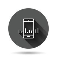 Phone diagram icon in flat style. Smartphone growth statistic vector illustration on black round background with long shadow effect. Gadget analytics circle button business concept.