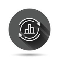 Growing bar graph icon in flat style. Increase arrow vector illustration on black round background with long shadow effect. Infographic progress circle button business concept.