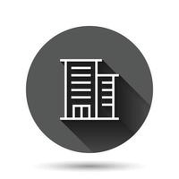 Building icon in flat style. Town skyscraper apartment vector illustration on black round background with long shadow effect. City tower circle button business concept.