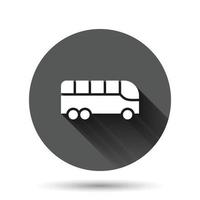 Bus icon in flat style. Coach vector illustration on black round background with long shadow effect. Autobus vehicle circle button business concept.